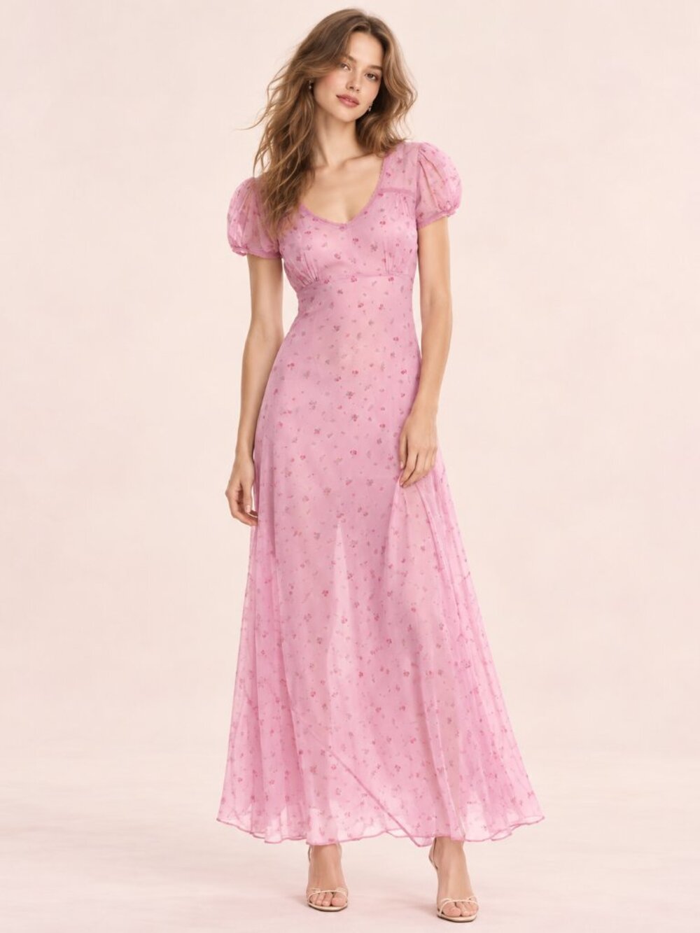 LoveShackFancy Pink Ditsy Floral Lace Trim V Neck Short Sleeve Maxi Dress